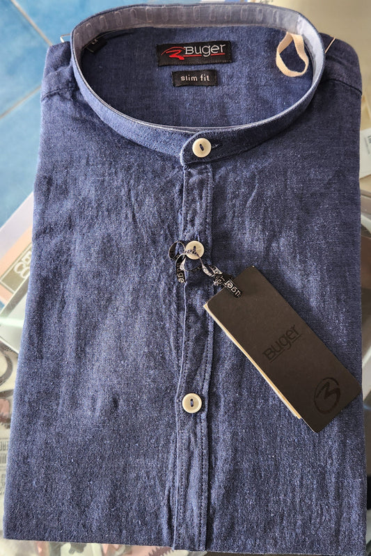 Camicia Buger uomo manica lunga misto lino collo coreano, blu o celeste