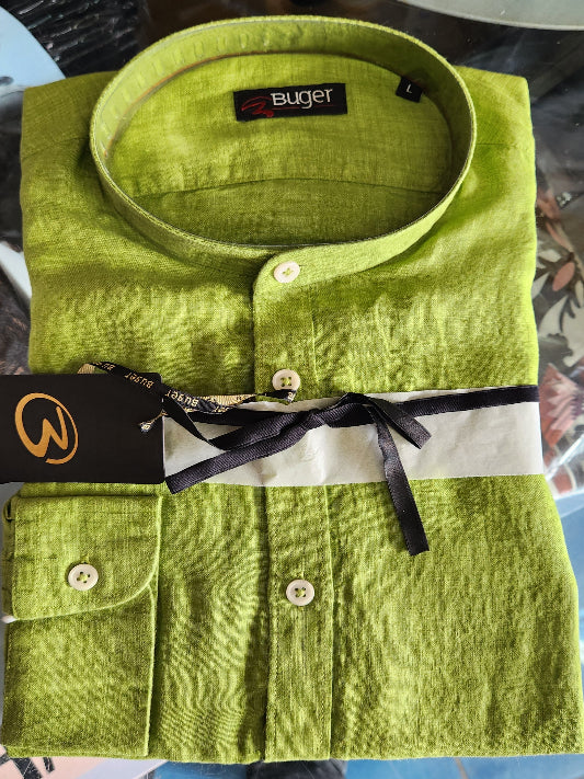 Camicia uomo Buger lino collo alla coreana manica lunga