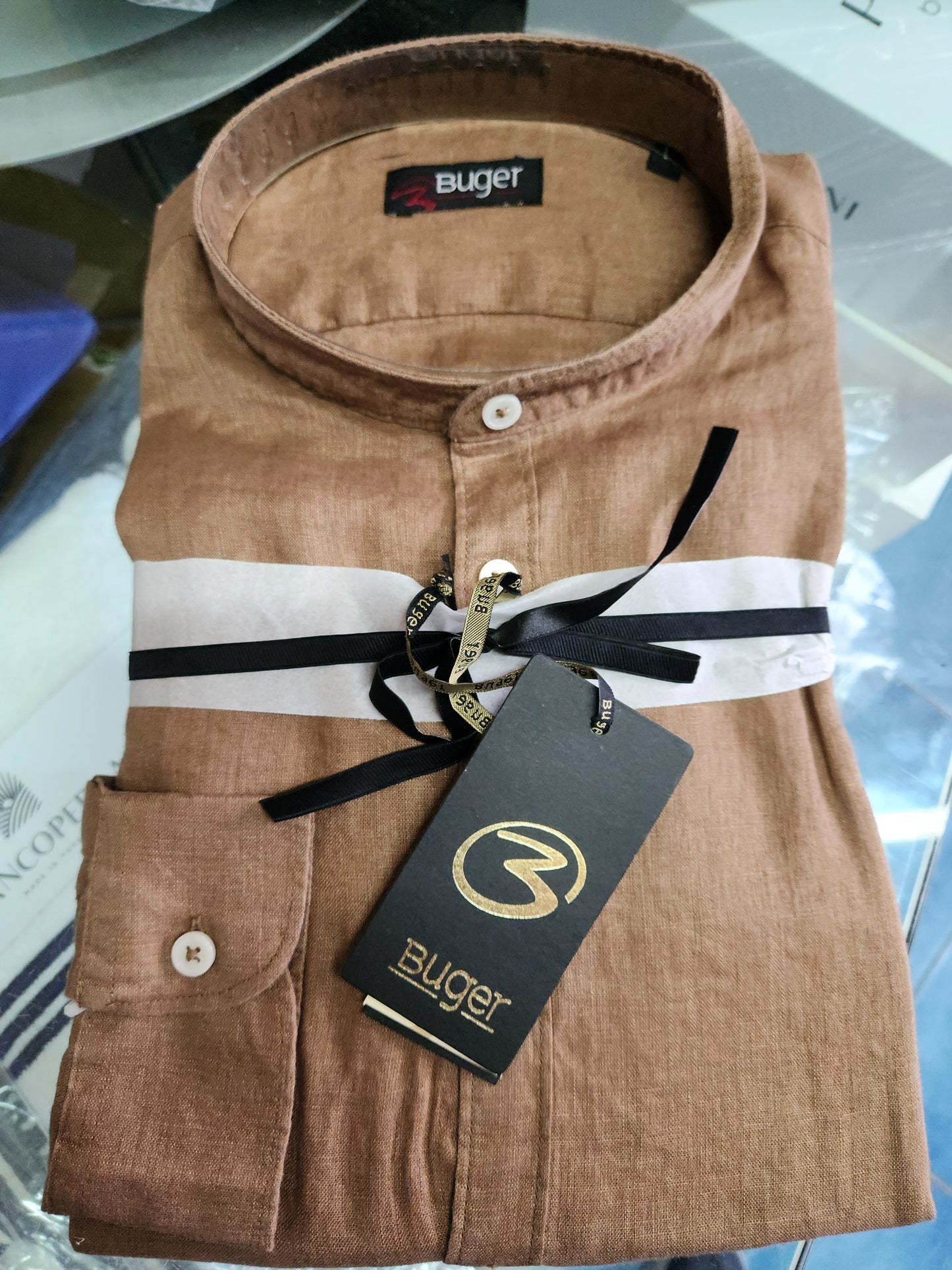 Camicia uomo Buger manica lunga Puro lino collo coreano