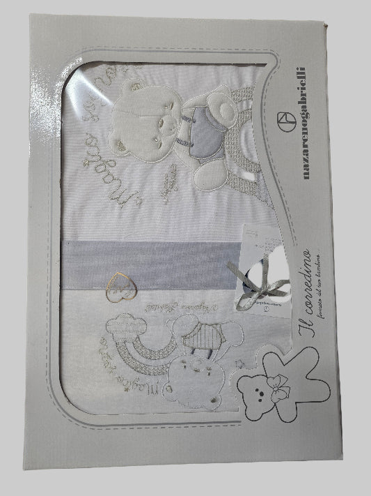 Parure neonato maxiculla Nazareno Gabrielli, 5 pz (copertina-trapuntina-l. sopra-l. sotto-federa)